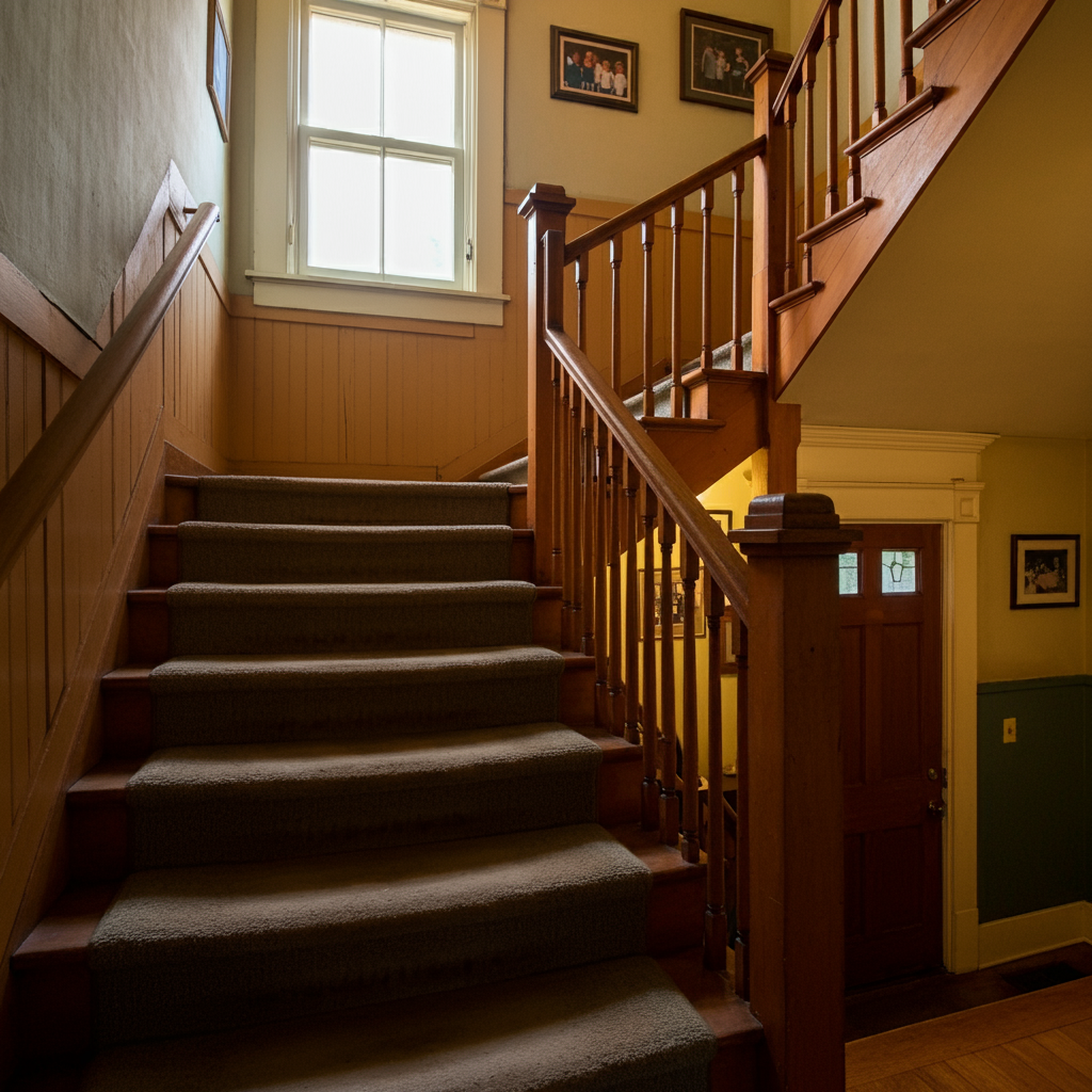 Steep residential staircase viewed from below, representing the mobility challenges that inspired Silver Compass Property Group's mission to help seniors transition to single-level homes
