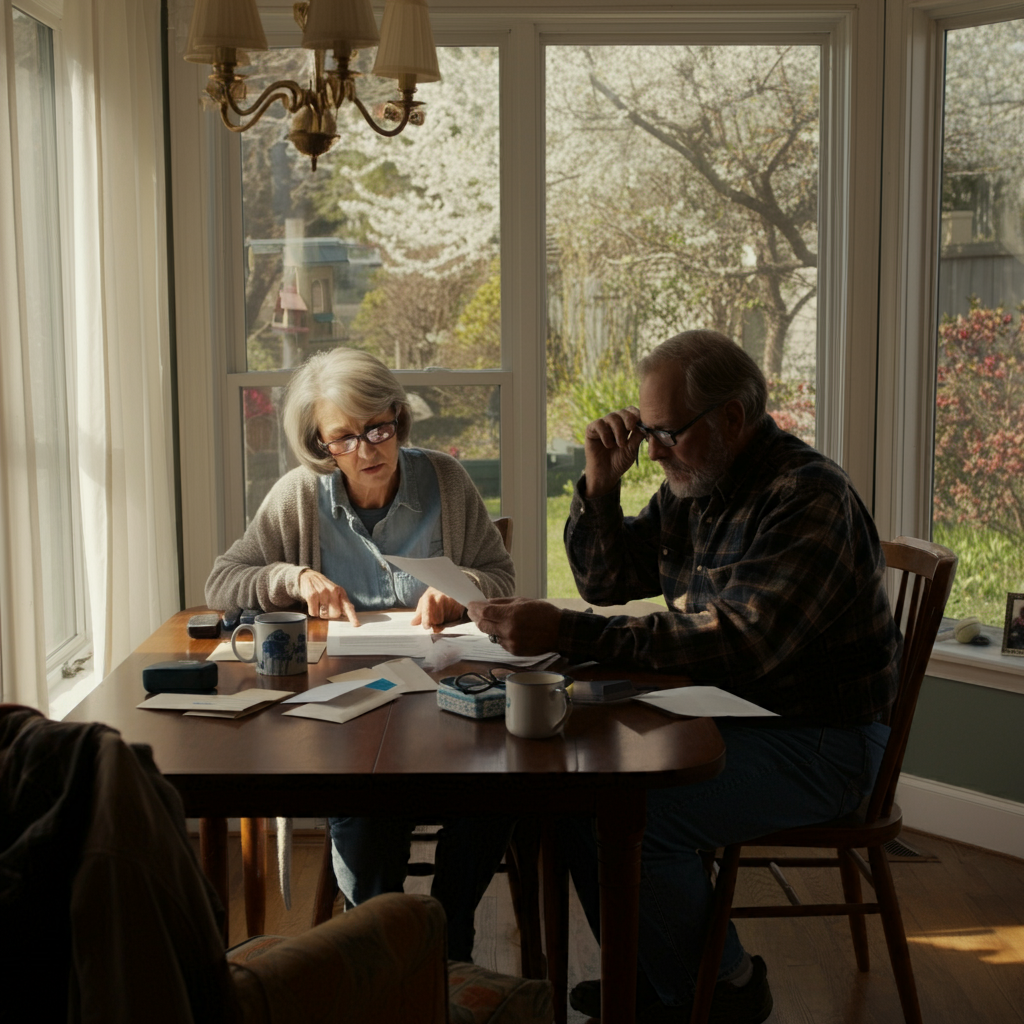 Portland couple reviewing their real estate options at their sun-lit dining room table - a real moment in the downsizing journey