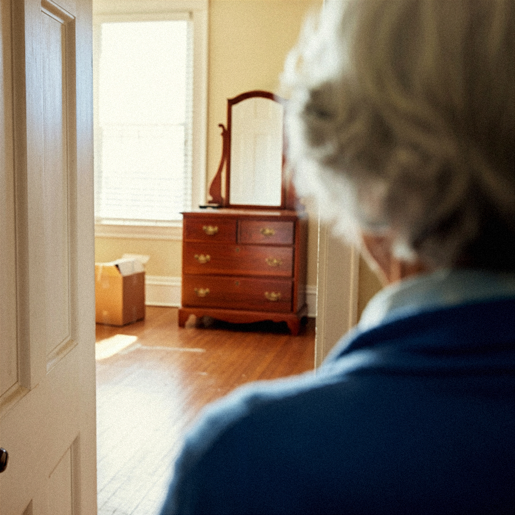 Empty spare bedroom viewed past senior woman's shoulder, showing unused space in an oversized home ready for downsizing