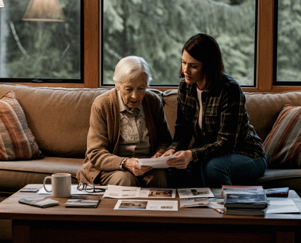 A woman in her 80s sits at the coffee table with her adult daughter looking at real estate resources