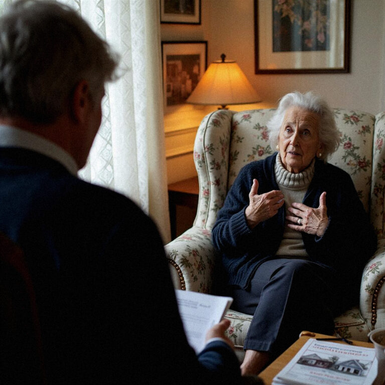 A woman in her 70's sits in a reading chair in her living room talking with a real estate agent