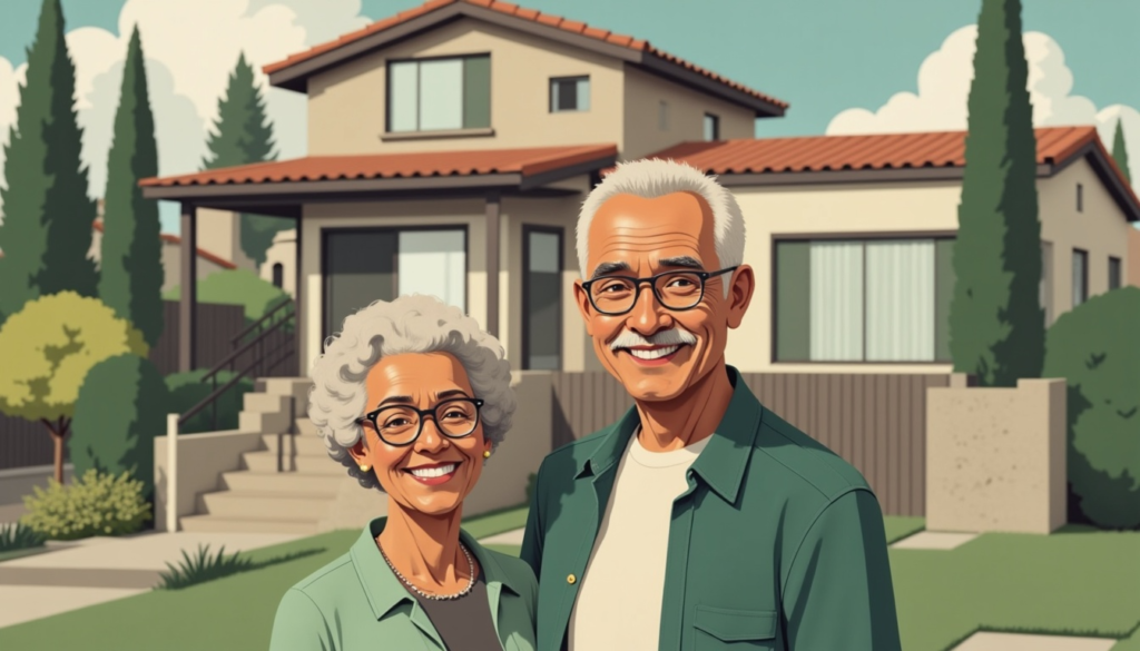 A smiling older couple stand in front of their new home after making a successful senior housing decision