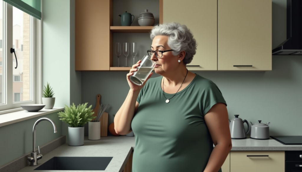 a woman drinks a glass of water to stay hydrated and fight decision fatigue